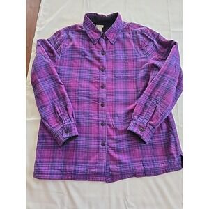 LL Bean Fleece Lined Flannel Shirt Women Medium Fur Purple Plaid Shacket Jacket
